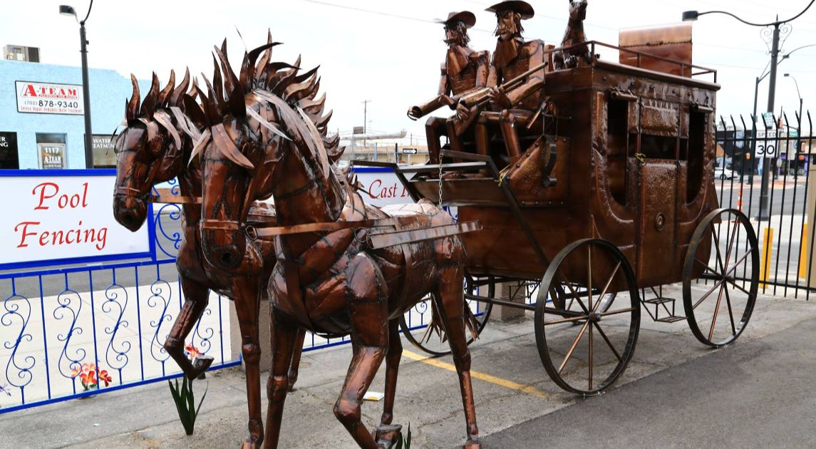 Custom metal stagecoach sculpture in Las Vegas.