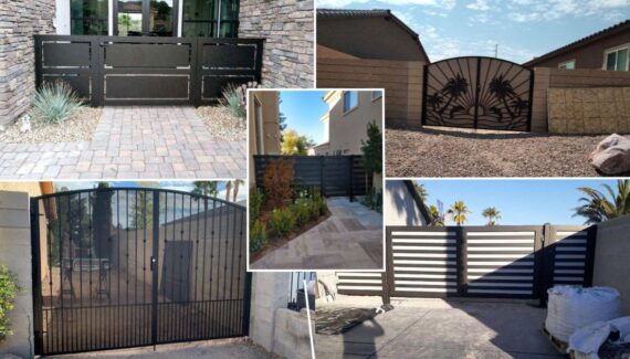 A collage of different wrought iron security gate options