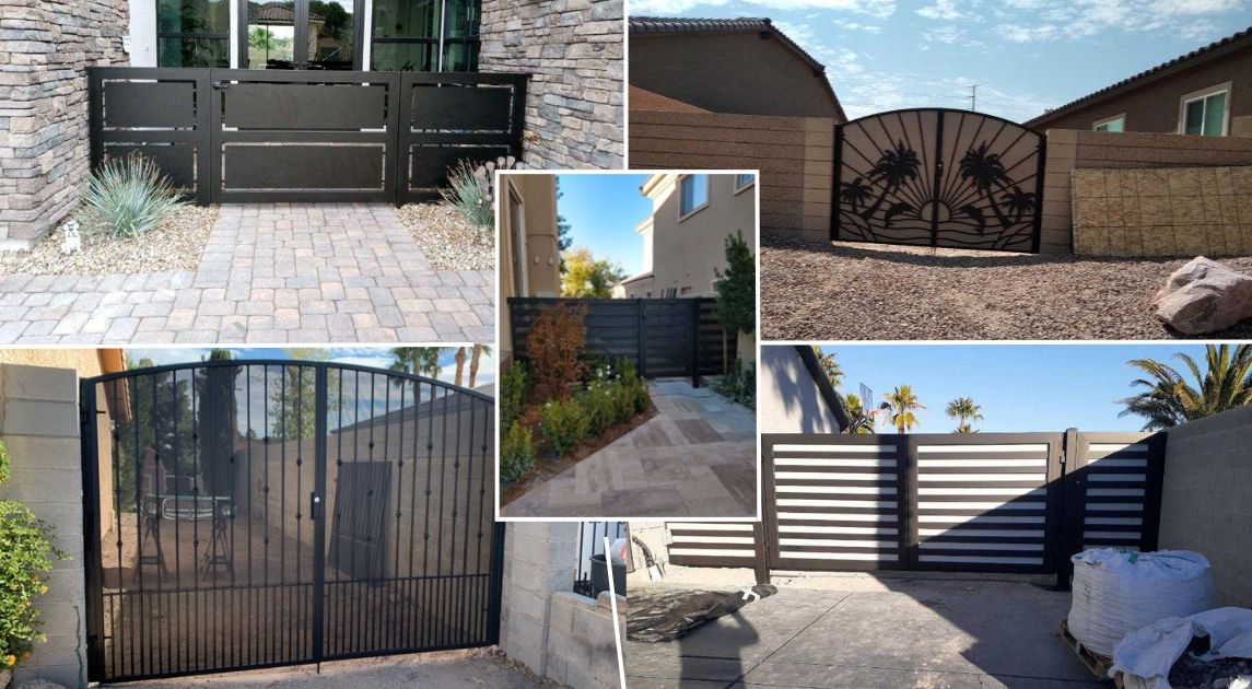 A collage of different wrought iron security gate options